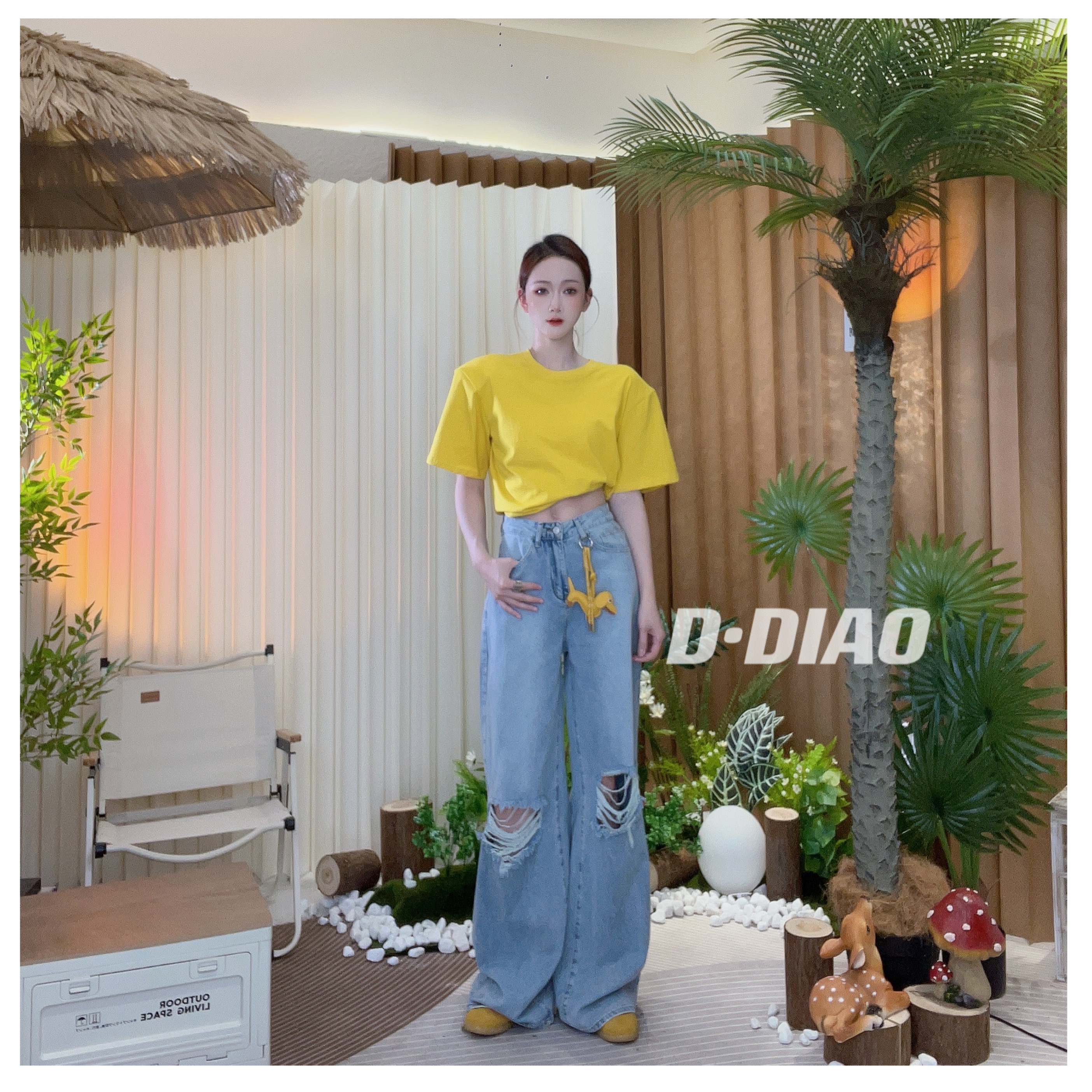 小奈【】高腰破洞牛仔长裤