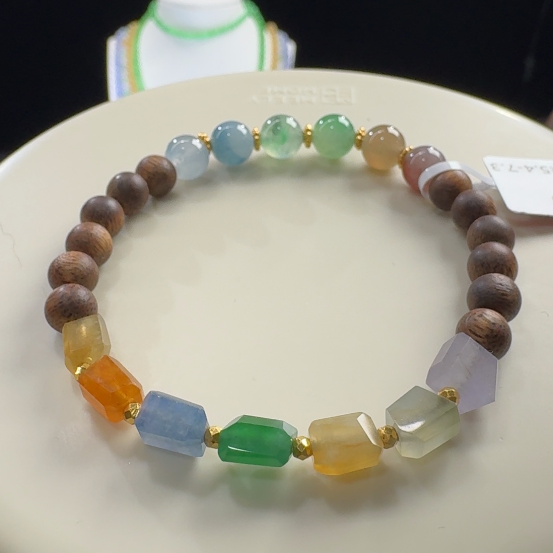 翡翠未镶嵌手链彩虹多宝➕木珠单圈