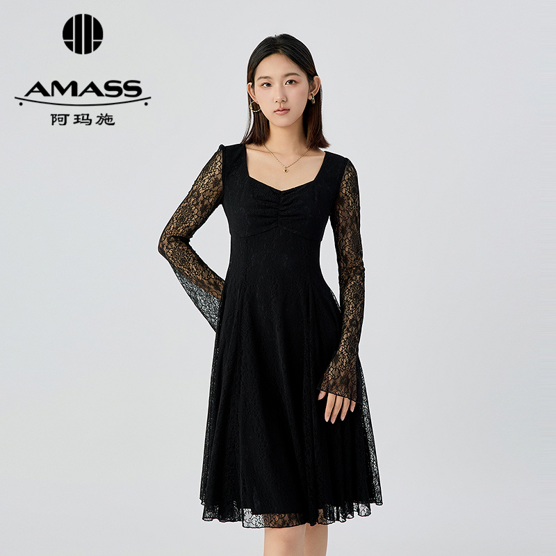 阿玛施AMASS 气质经典蕾丝设计收腰显瘦优雅针织提花连衣裙550033