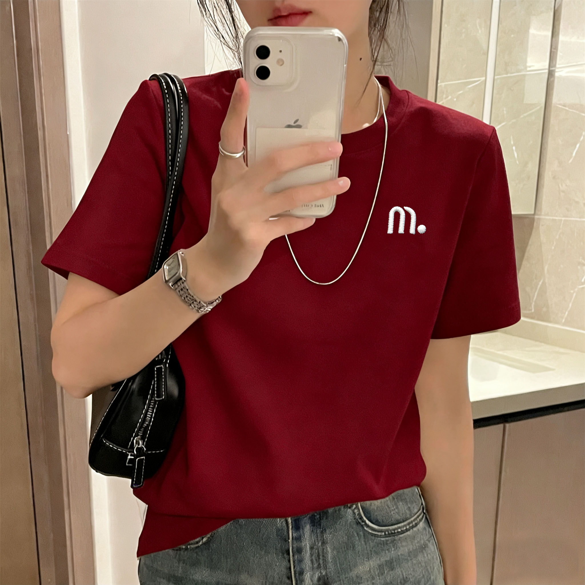 刺绣纯棉半袖圆领正肩刺绣短袖字母T恤显瘦春夏半袖抗起球7A抗菌