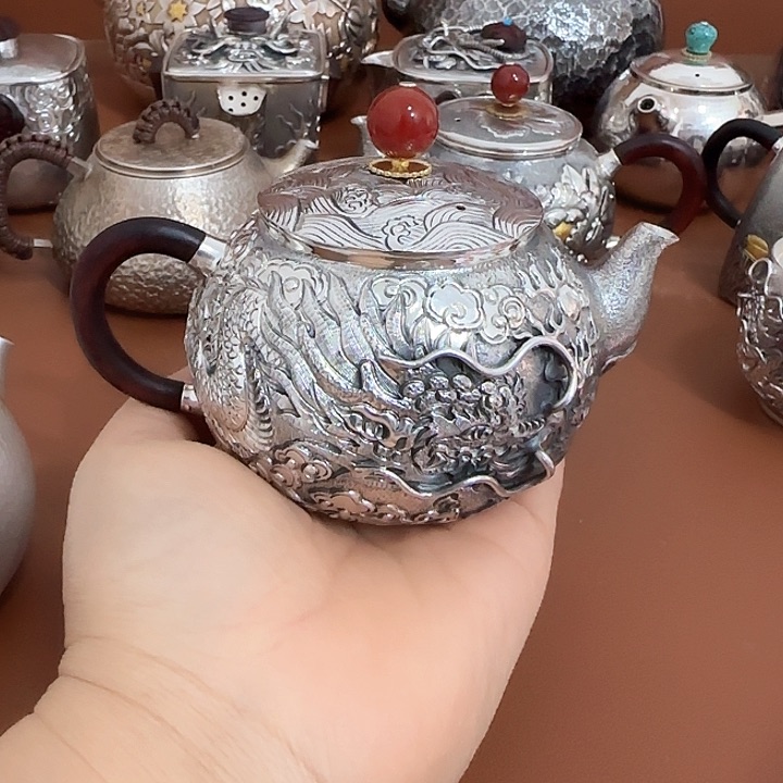 足银999高浮雕龙壶家用