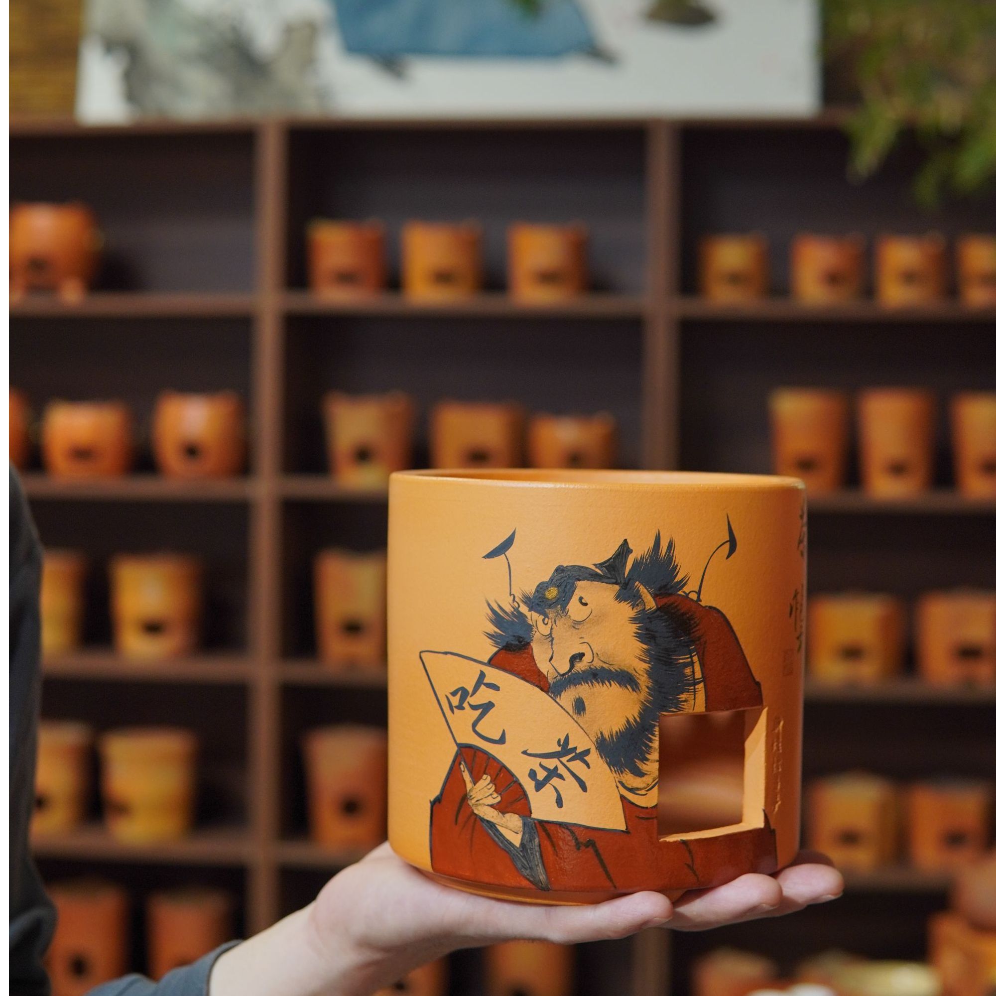 纯手工手绘鸡蛋黄招财纳福钟馗财神爷炭炉电碳两用高13.5cm宽14cm