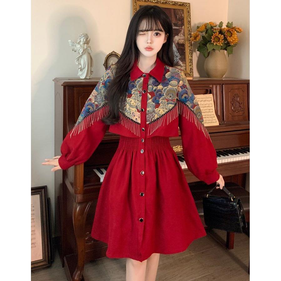 新款胖mm时尚复古设计感百搭显瘦流苏假两件衬衫连衣裙子