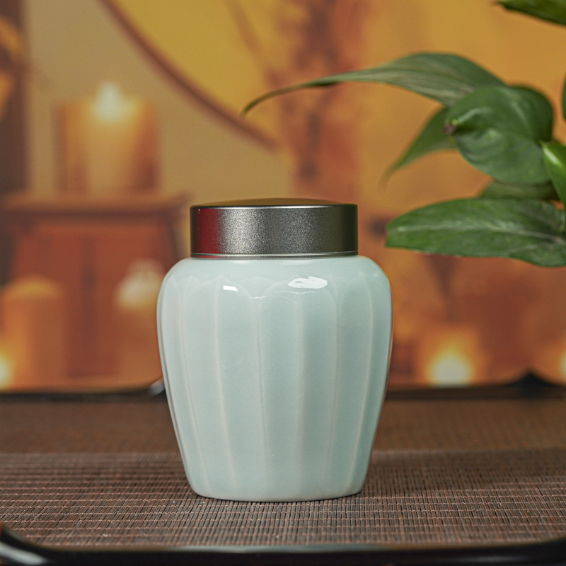 【栗子严选】粉青莲瓣大茶叶罐（th826）中式陶瓷主人杯景德镇陶瓷