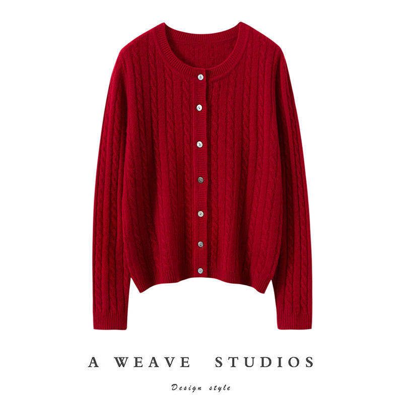 绞花开衫女】100%纯山羊绒纽扣式开衫麻花长袖秋冬外套均160克