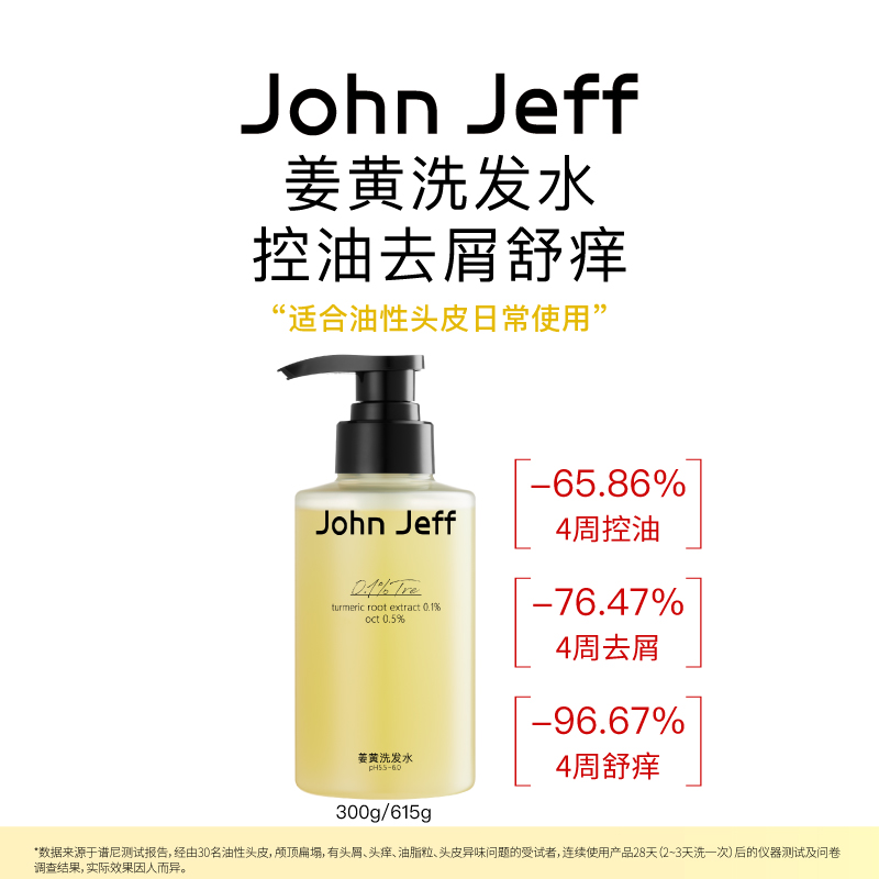 JohnJeff姜黄洗发水控油去屑去异味舒痒蓬松头发油性头皮姐夫。
