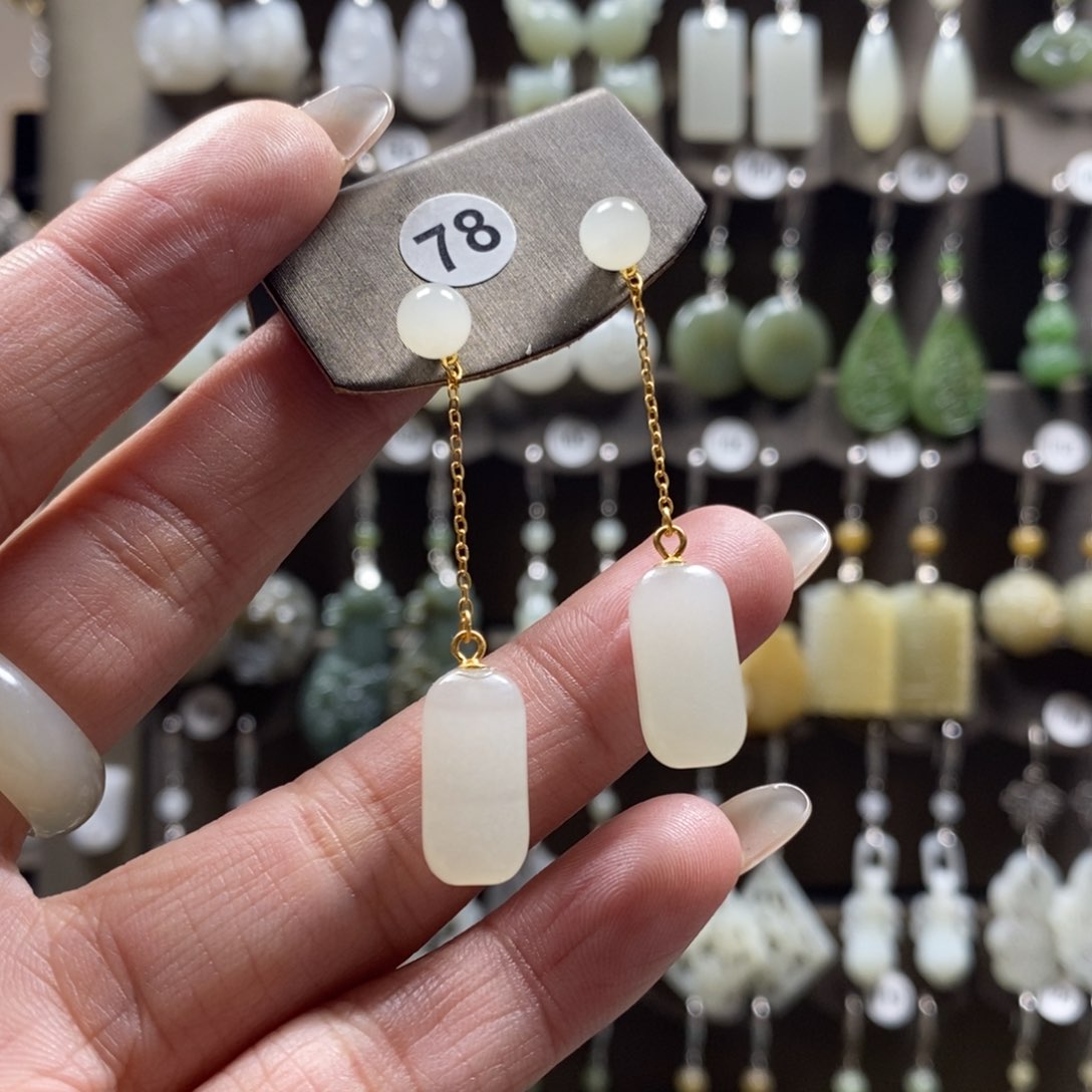 和田玉耳饰银S925镀金镶嵌