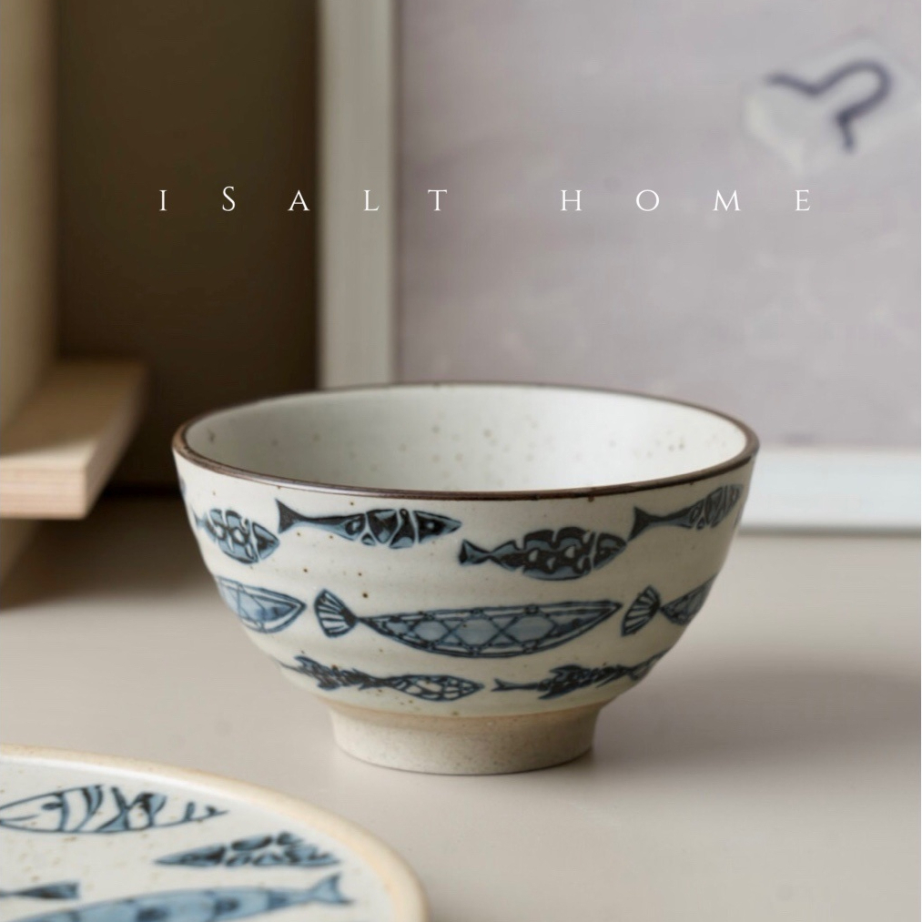 手作鱼群赶海碗餐具.粗陶青花陶瓷米饭碗小碗复古创意家用/出丹麦