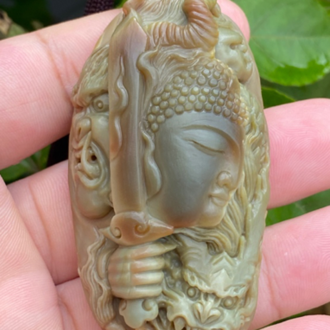 天然阿拉善彩玉大师巧色精工佛魔一念之间吊坠手把两用款