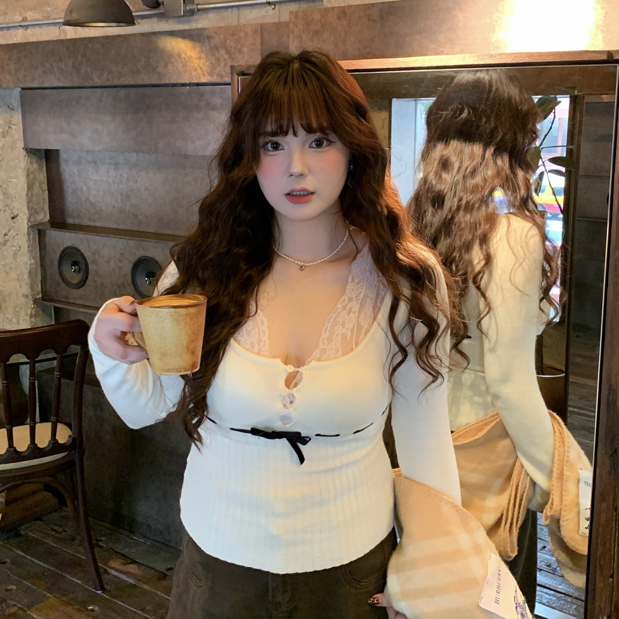 氛围的神｜甜美风方领针织上衣｜大码百搭上衣