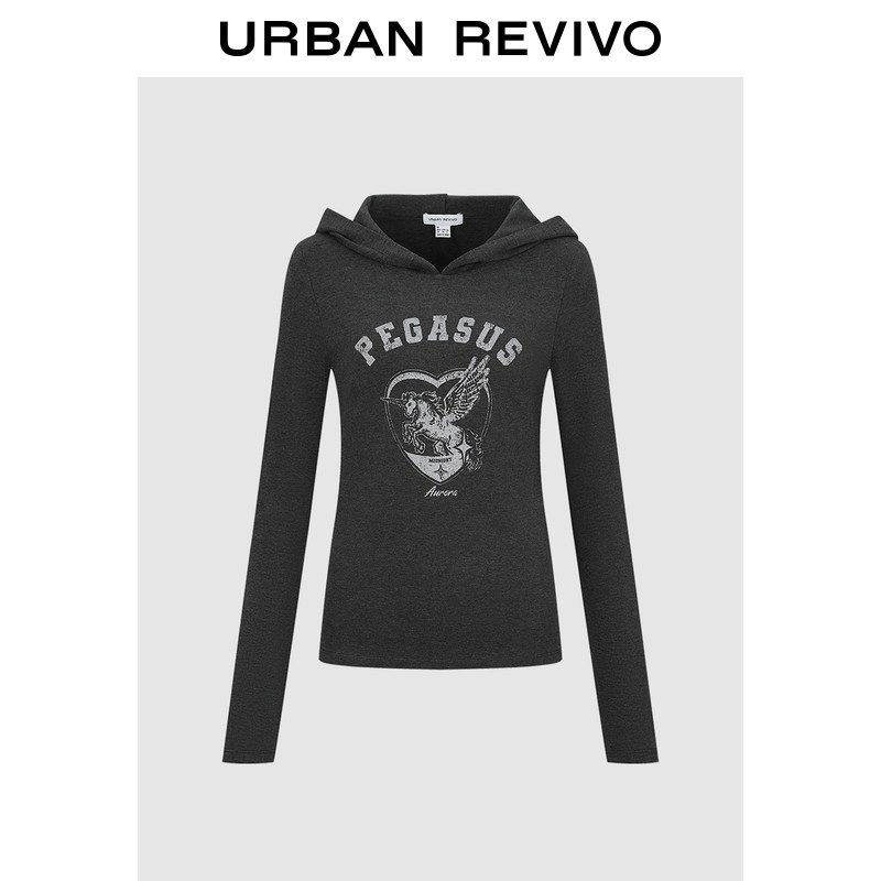 UR2026春季新款女装潮流复古做旧印花连帽修身T恤UYV460001