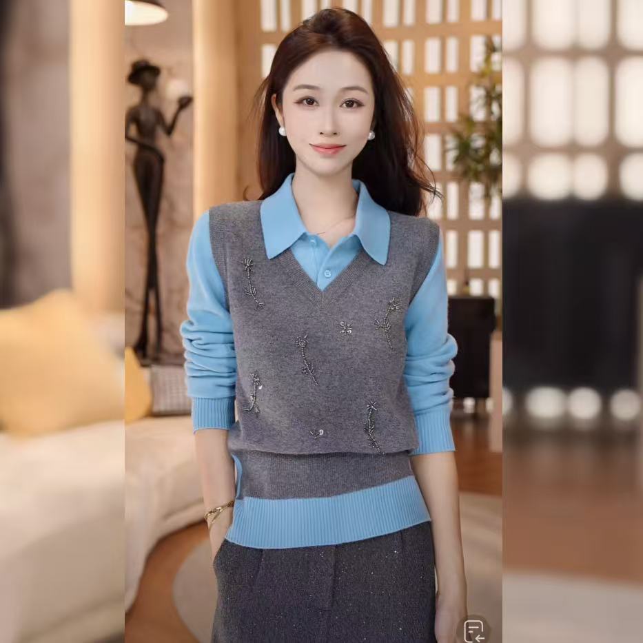 【林雪雪】雾漫青衫新款经典翻领撞色拼接假两件针织衫2511581
