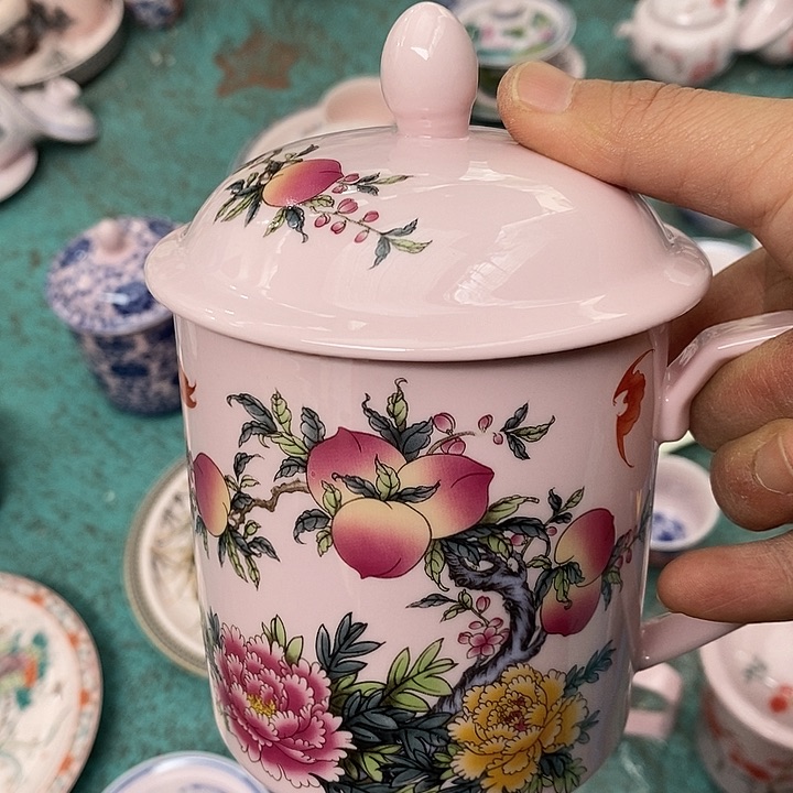 摆件陶红稀土寿桃直筒办公杯