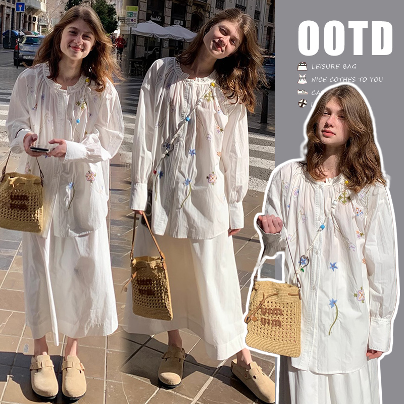 2025早春孕妇重工刺绣韩系甜美减龄衬衫上衣＋中长款半身裙两件套