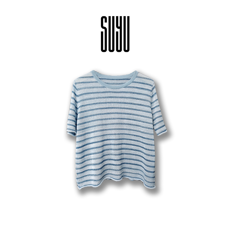SUYU 【光影】短袖轻职风常规款常规型T恤休闲圆领蓝色撞色设计师