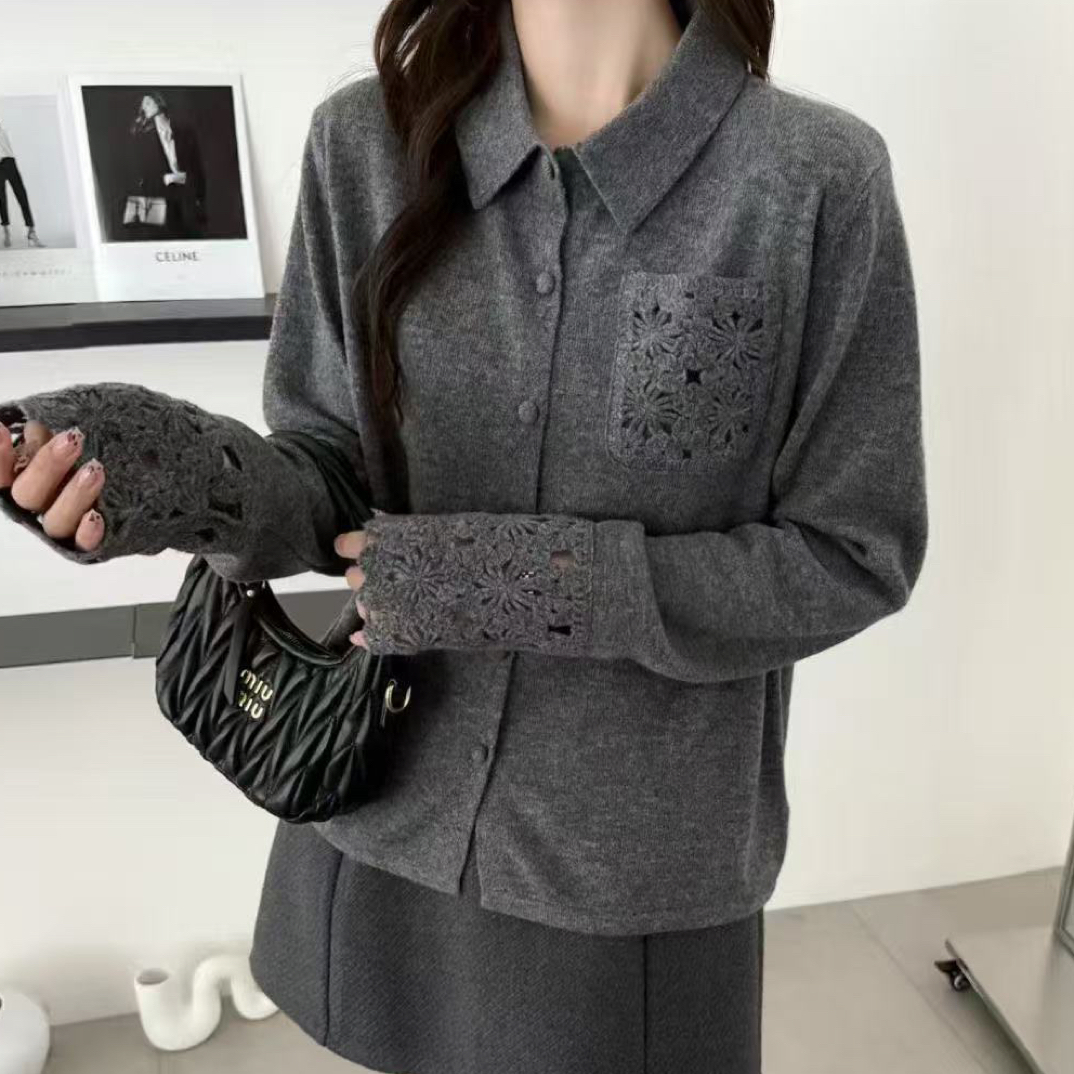 秋冬新款翻领羊毛衫镂空勾花针织开衫女高级感带口袋减龄毛衣外套