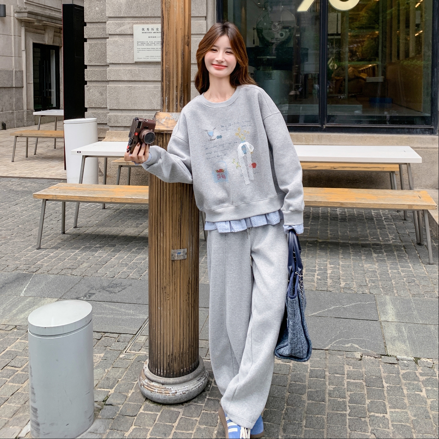 学院风俏皮少女感蕾丝装饰卫衣套装2025秋季高腰直筒阔腿裤两件套
