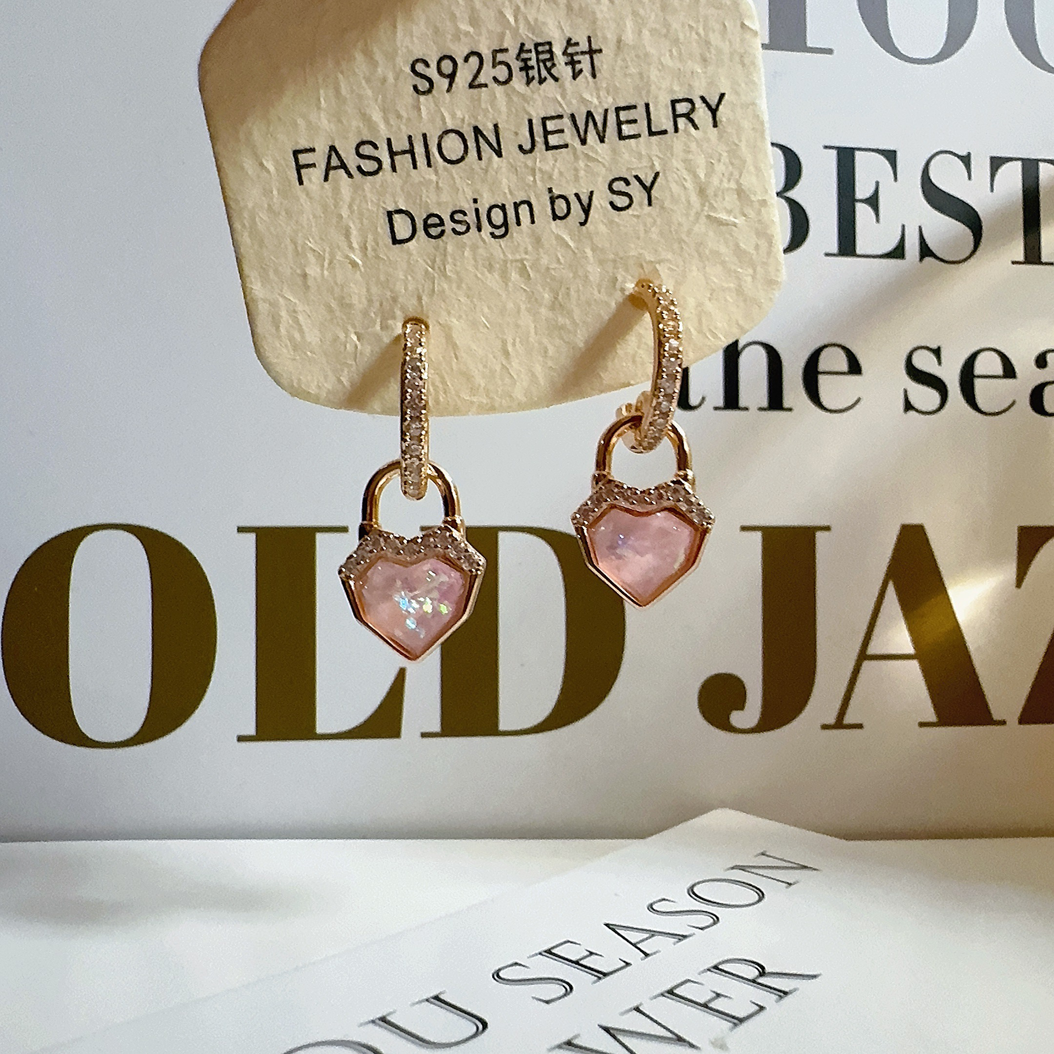 铜合金石英石耳饰 4208 粉色爱心耳环