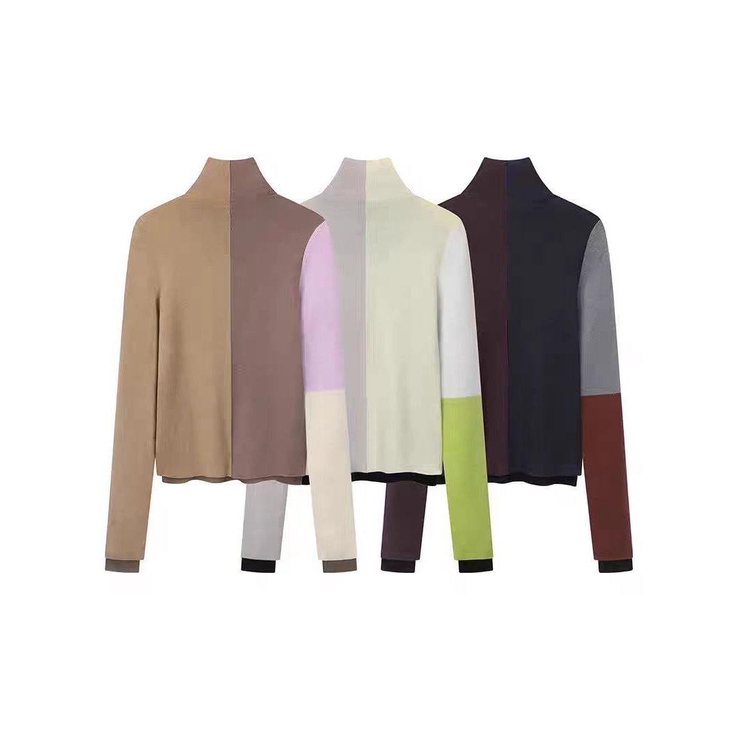 设计感艺术拼色修身长袖打底衫2910