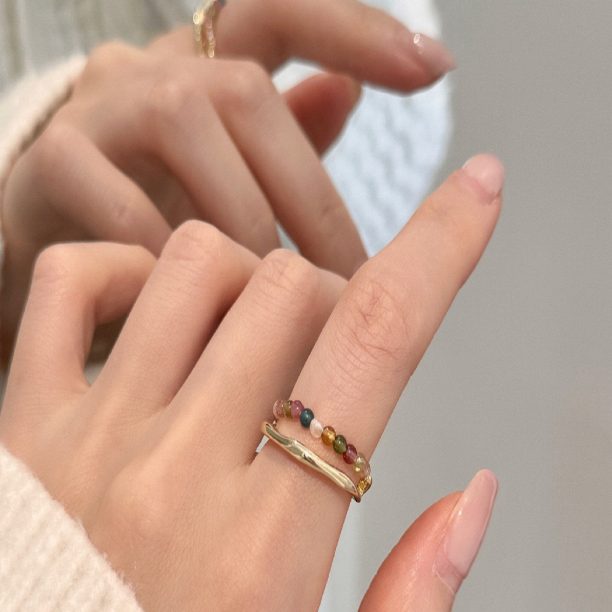 合金戒指 串珠法式金色戒指女ins风不掉色轻奢高级感开口指环