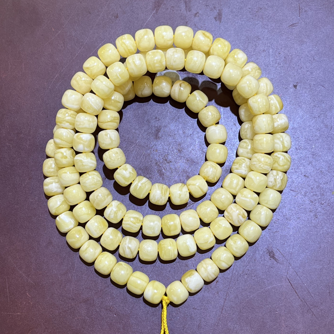 琥珀白花蜜蜡虎皮纹精工老型108佛珠链，8.5m，43.13g，天然原矿保真