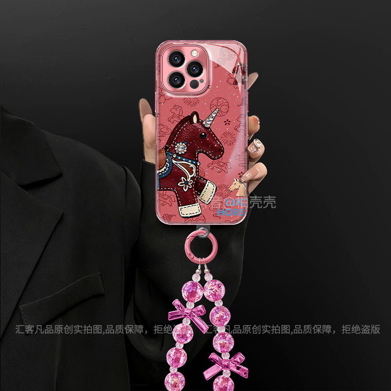 适用于【苹果/oppo/华为/vivo/小米】电镀水凝壳粉色独角马手机壳女