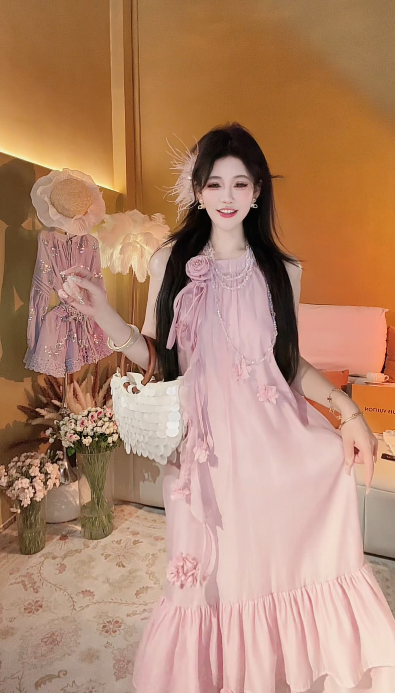 【崔】L0205温柔气质挂脖连衣裙女夏季立体花朵显瘦仙女大摆裙