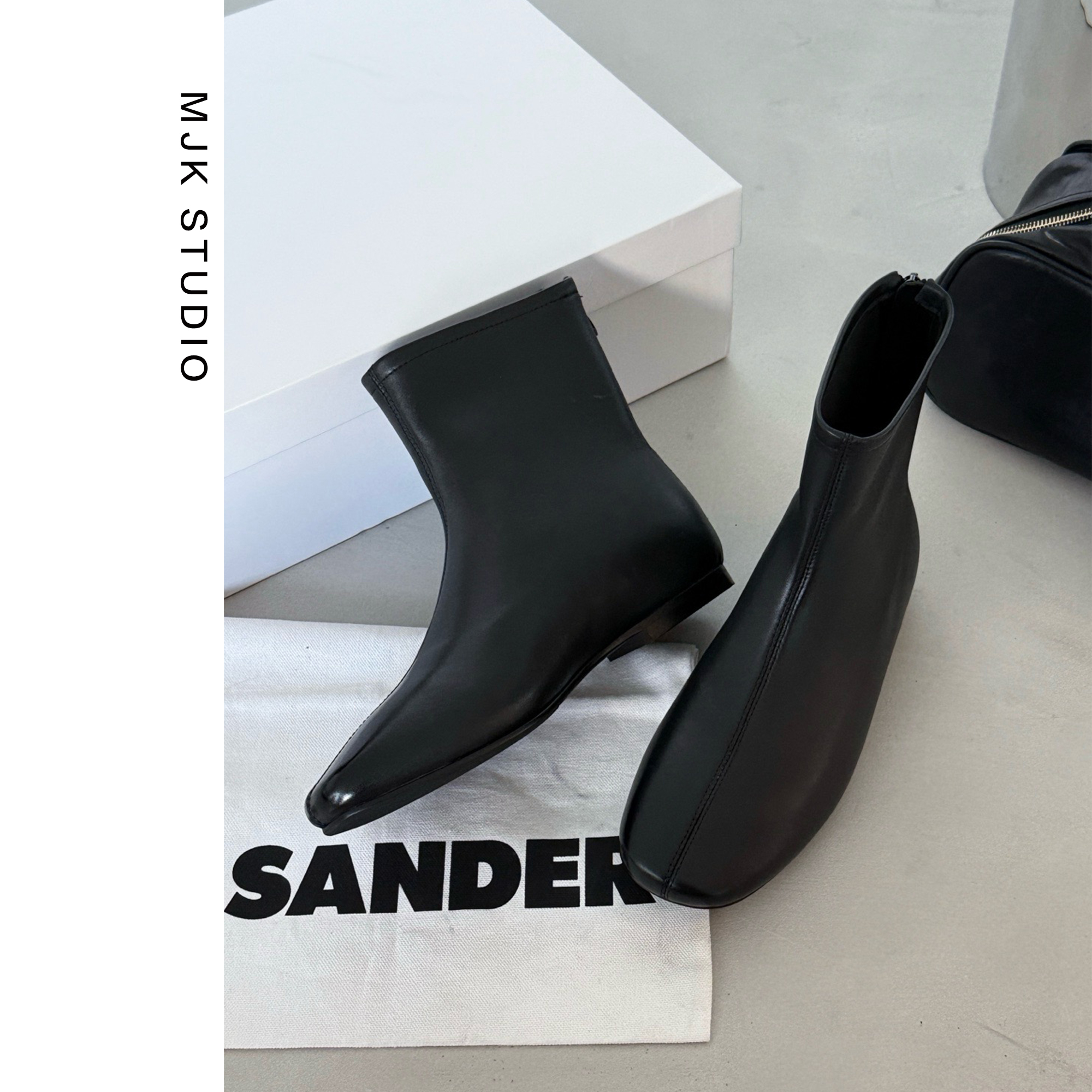  气质极简舒适绒面羊皮短靴方头秋冬瘦瘦靴女靴子真皮及踝靴