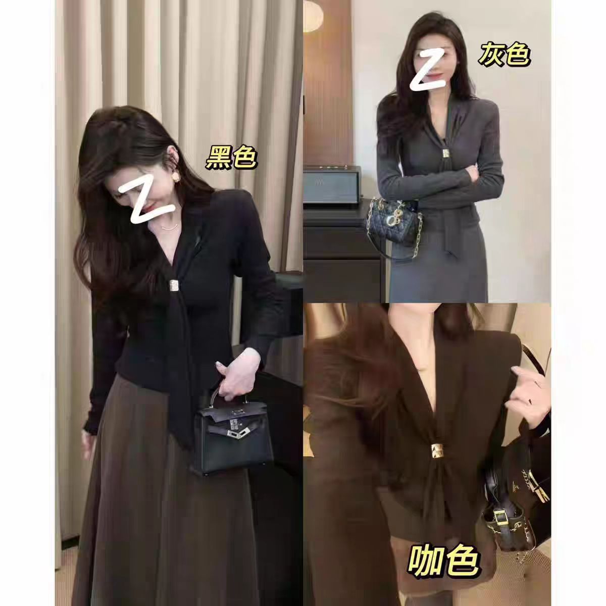 【瑶瑶专属】7789【衣长56】系带洋气抗皱杂志风时尚圆领灰色T恤长袖