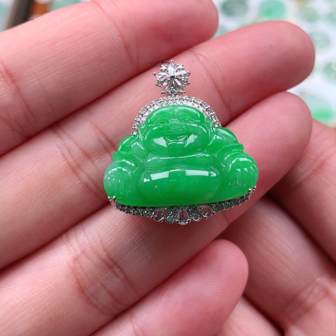 翡翠吊坠(不含链)18K金镶嵌佛公