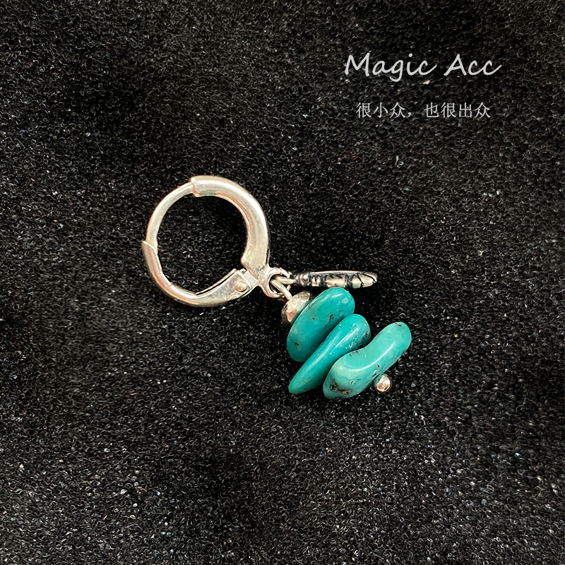 925银耳饰 【松塔】原创设计蓝色个性不规则石男女手工复古耳坠耳圈