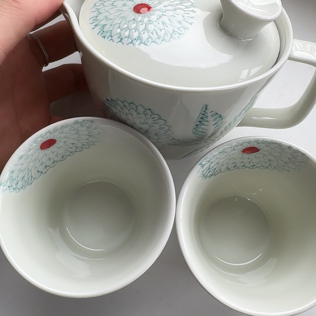 瓷片手绘大丽花1壶2杯，壶300毫升，杯子130毫升