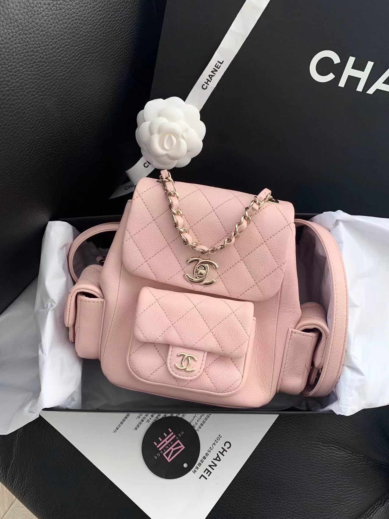99新 Chanel/香奈儿 樱花粉金扣duma 双肩包 芯片款 13285082