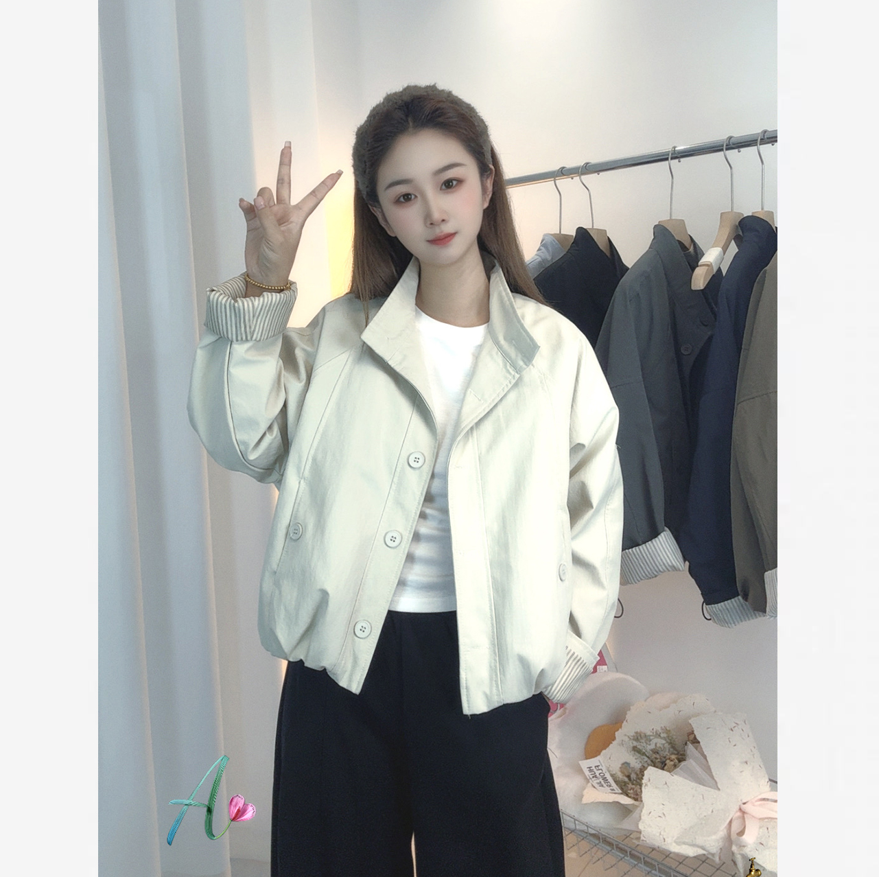 原版高级韩系立领工装外套女秋季港风休闲流行爆款夹克上衣2575