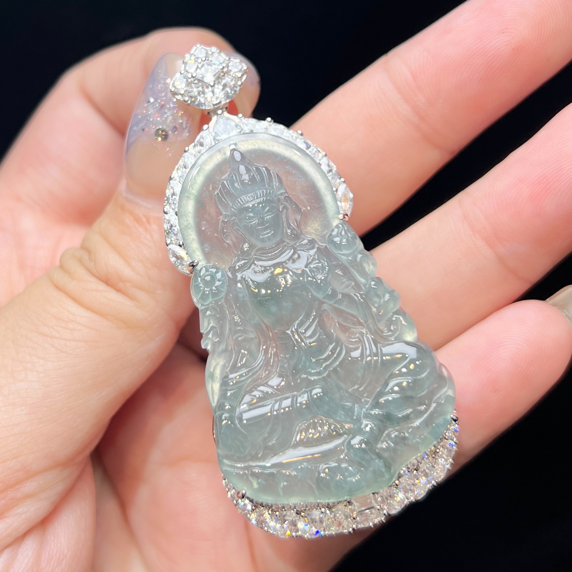 【上旭珠宝马哥推荐】天然翡翠A货蓝水设计款度母吊坠 多样性发一件