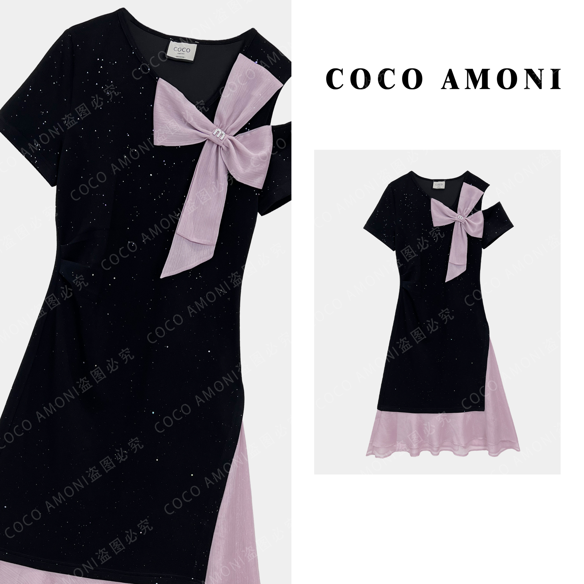 [曼姐]时尚高级感夏女装拼接重工蝴蝶结显瘦气质连衣裙AC318