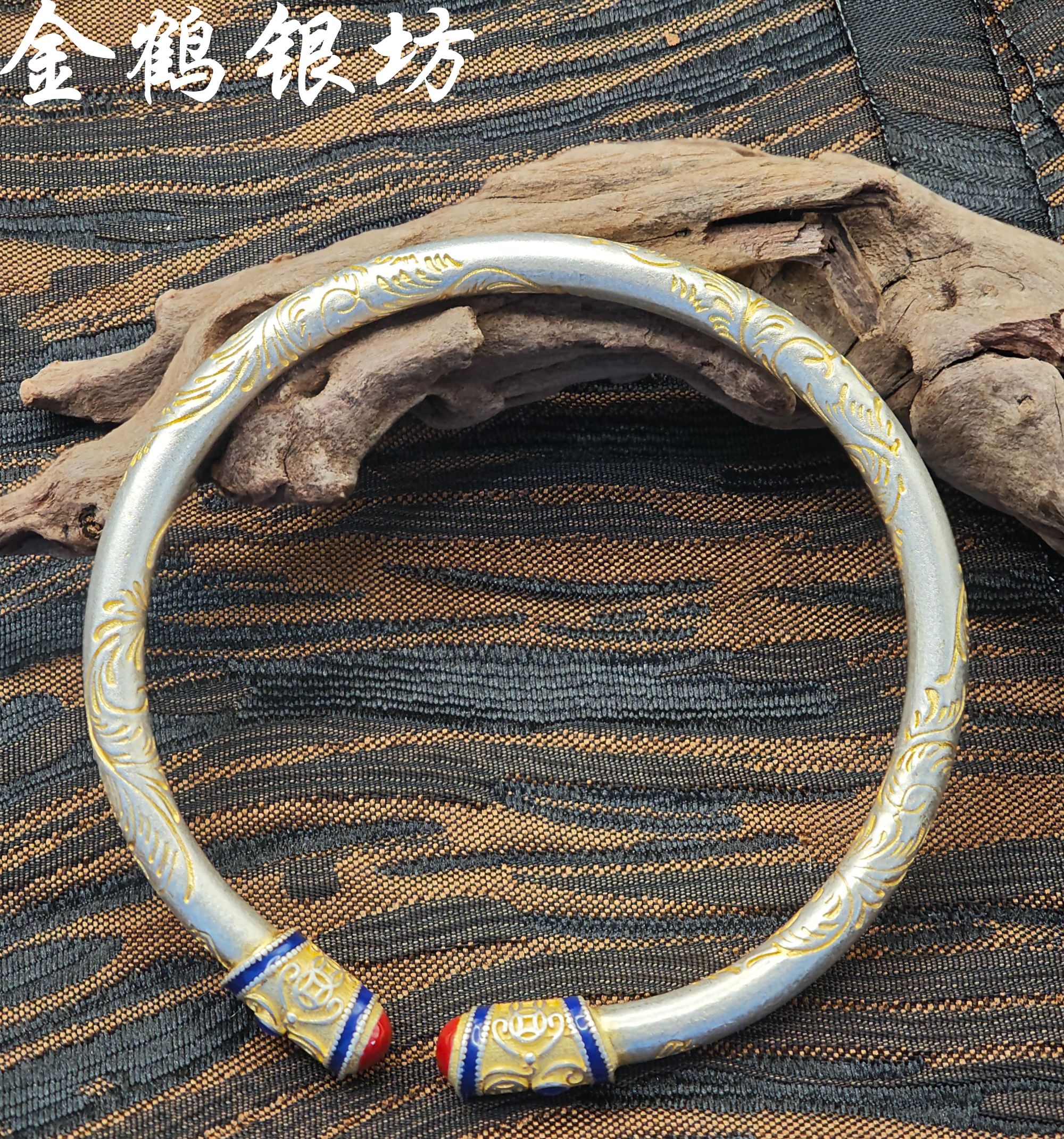 足银银制品 足银9999描金吉言心经银手镯手工气质时尚复古国风