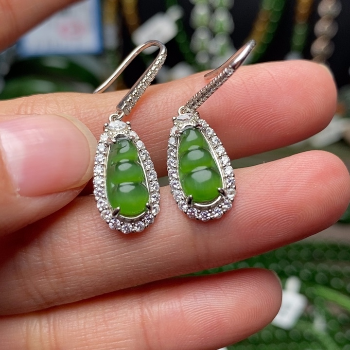 和田玉银S925镶嵌耳饰