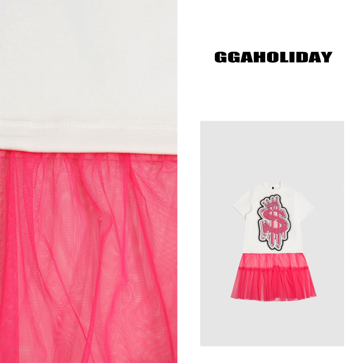 GGAHOLIDAY有钱花白色拼接百搭显瘦宽松短袖连衣裙152087