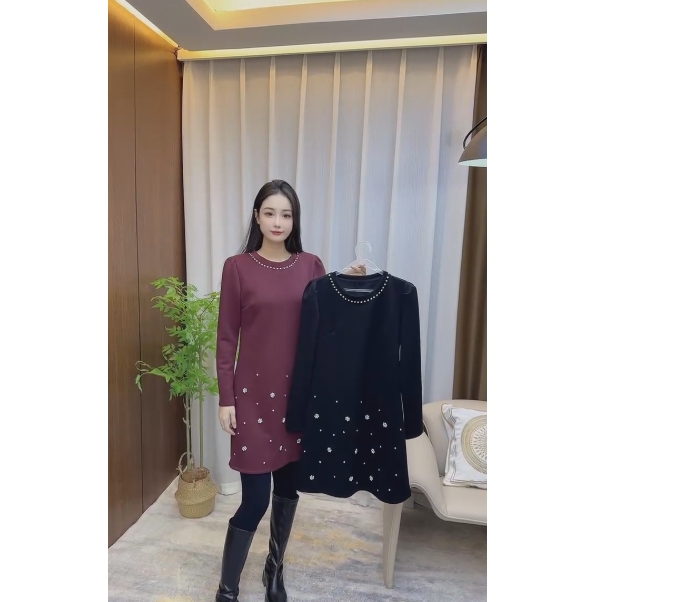 519-轻奢洋气时尚舒适纯色钉珠中长裙冬季新款百搭显瘦连衣裙