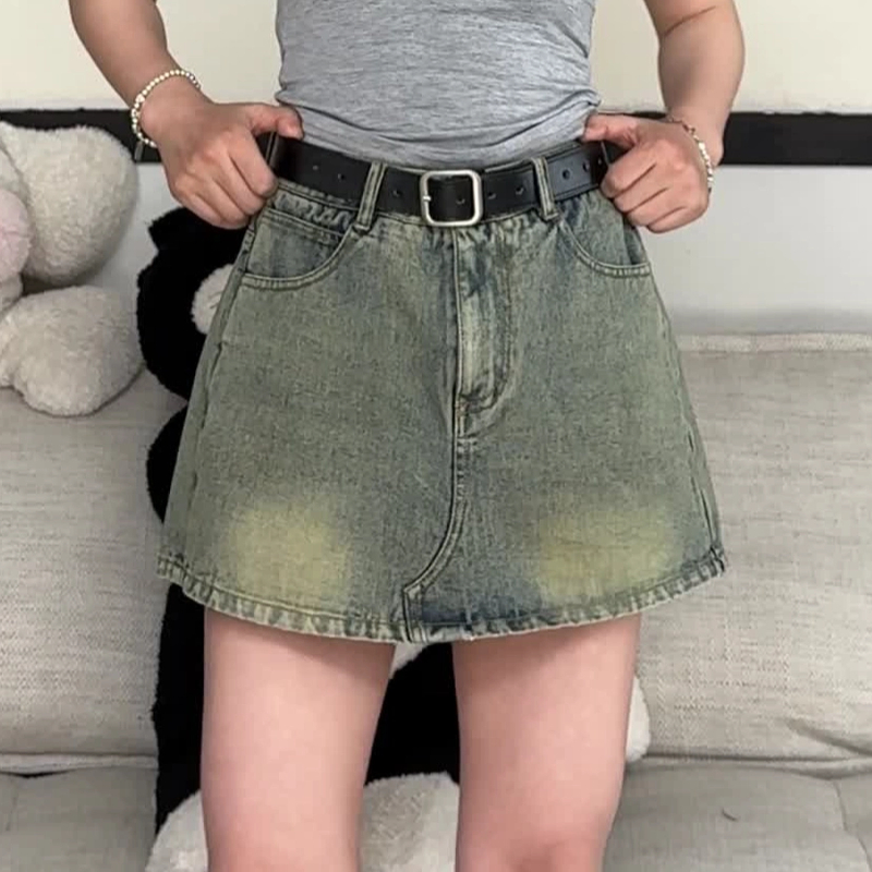 橘子罐头卫卫新款百搭复古港风辣妹A字高腰牛仔裙裤