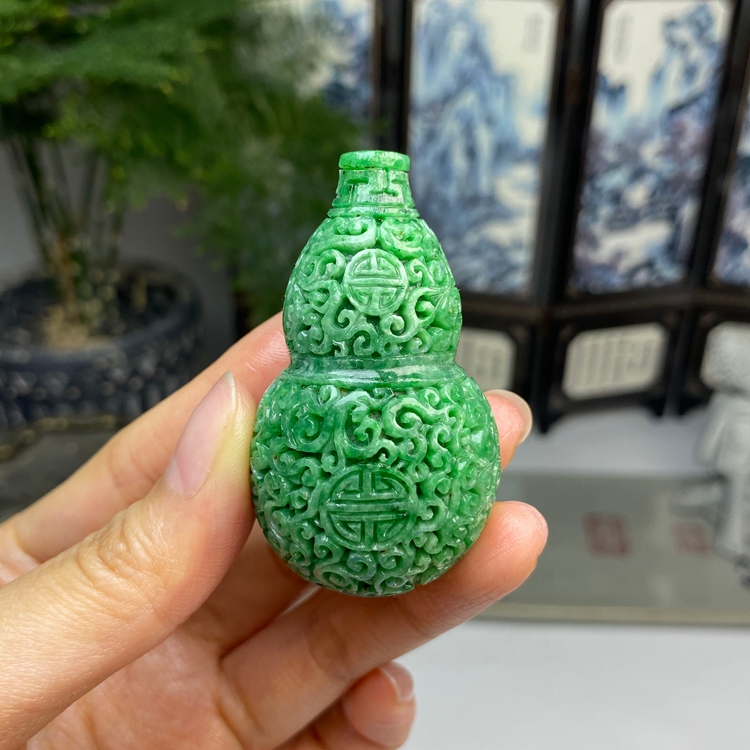 毛货 满绿长寿纹连理枝福禄通孔葫芦挂件 天然翡翠A货