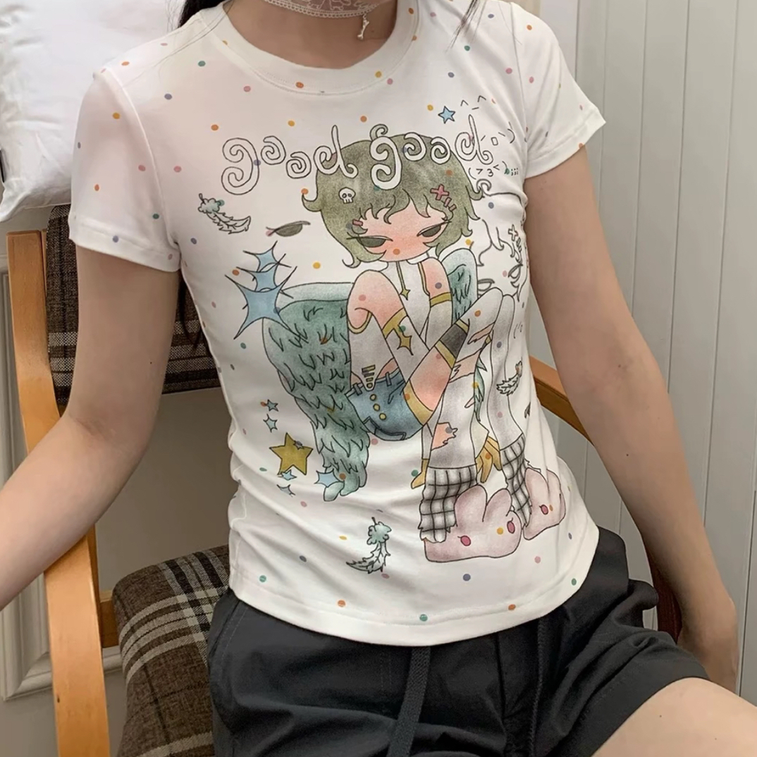 美好波点翅膀情绪女孩短袖