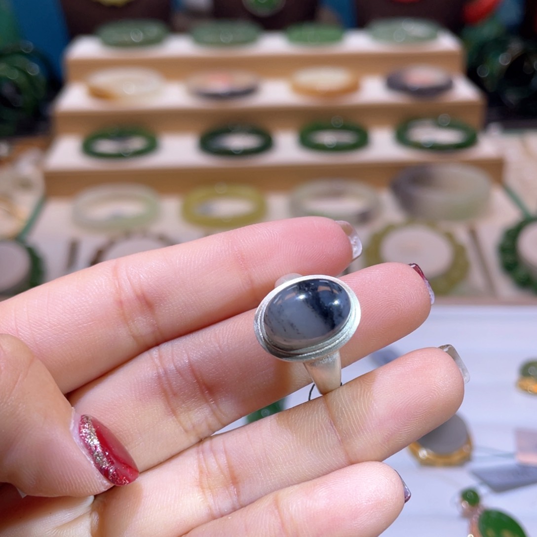 和田玉高品青花戒指银S925镶嵌