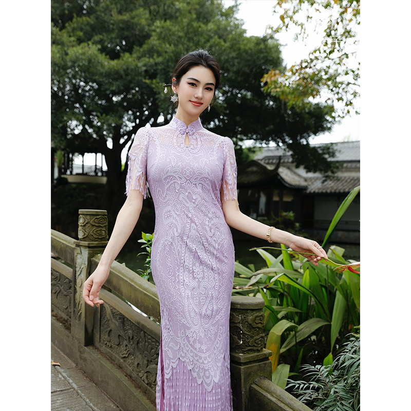 四美子【须尽欢】新中式新款流苏下摆凉爽柔软蕾丝旗袍裙连衣裙