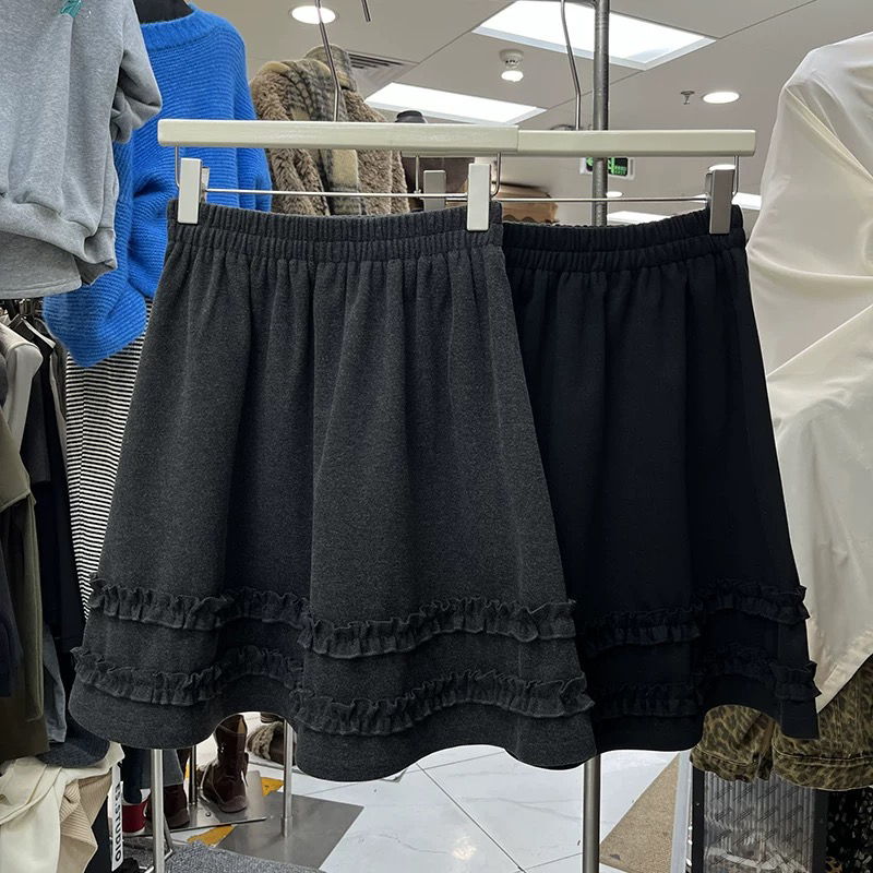 韩系木耳边半身裙女冬季显瘦高腰加厚A字裙子