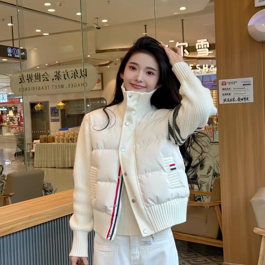 TB高品质大牌时尚保暖长袖厚款立领冬季针织女拼接简约棉服短款