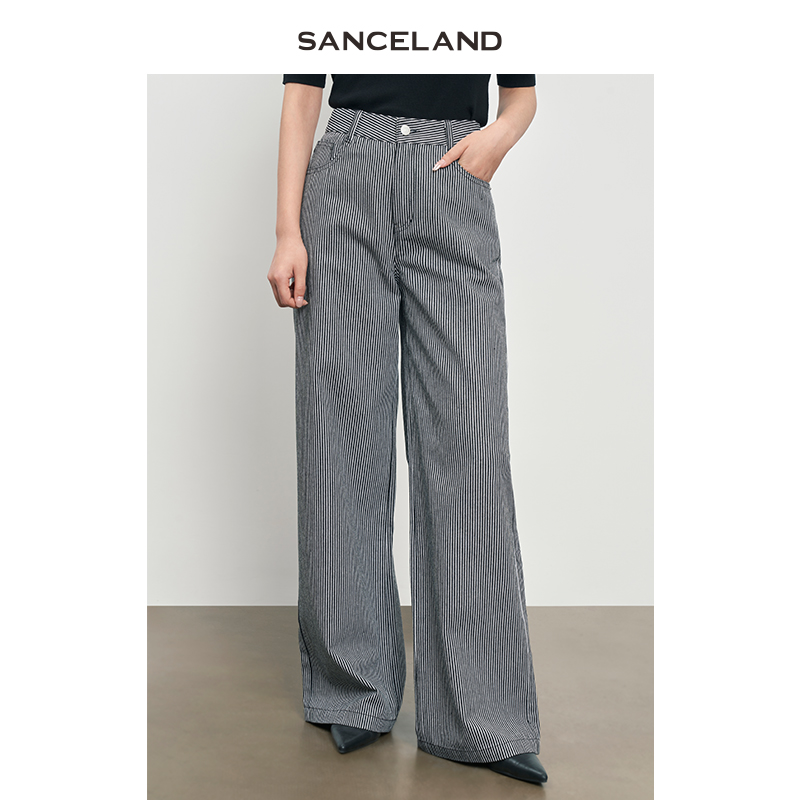 SANCELAND三石一澜2025春复古黑色条纹高腰阔腿牛仔裤SJ12203041