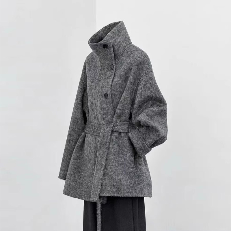 灰色短款双面呢子大衣女2025新款秋冬季小个子韩系收腰毛呢外套