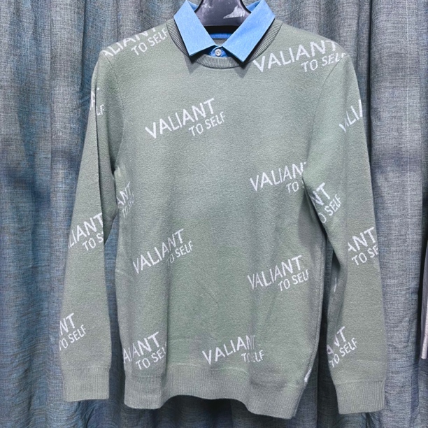 8326海剪标撤柜加厚假两件字母浅绿色毛衣针织衫男士